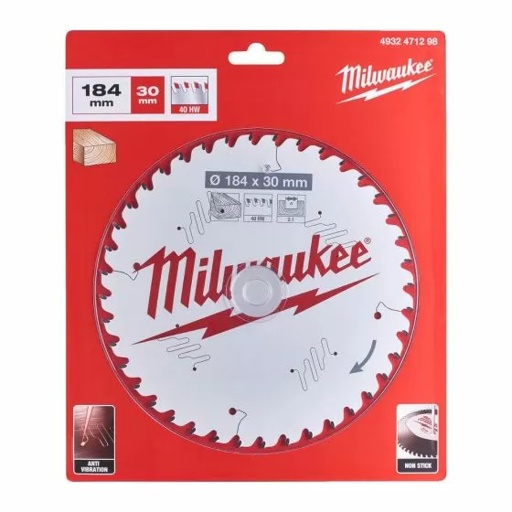 Milwaukee 184mm x 30mm 40T Wood Cutting Circular Saw Blade 4932471298 