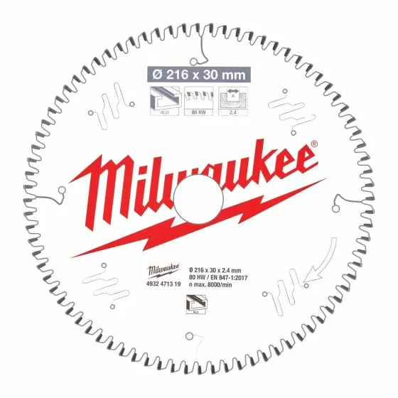 Milwaukee 216mm x 30mm 80T Aluminium Cutting Circular Saw Blade 4932471319 