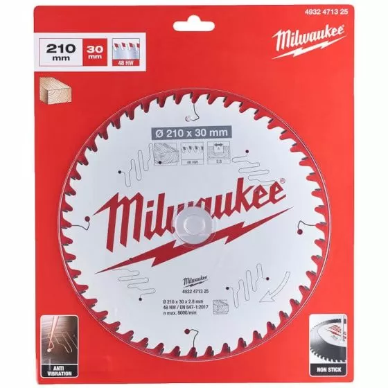 Milwaukee 210mm x 30mm 48T Wood Cutting Circular Saw Blade 4932471325